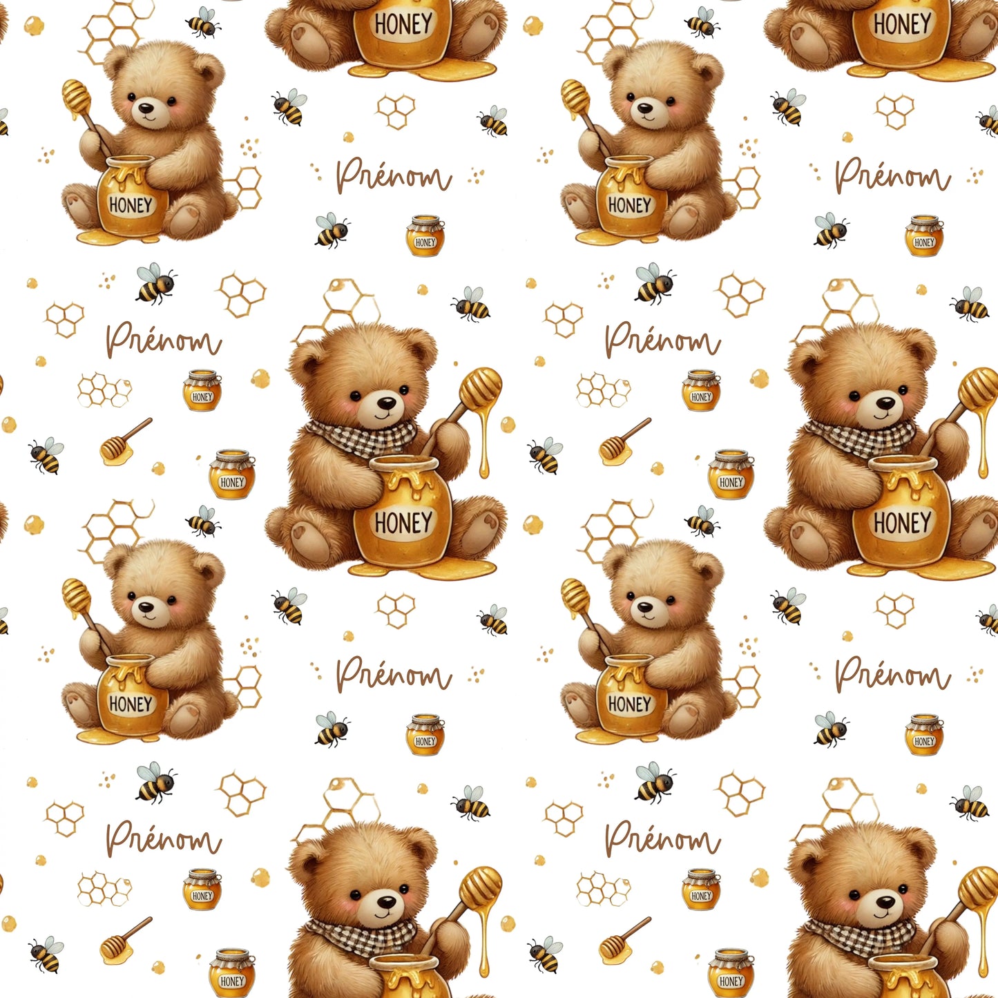 Couverture douce en squish personnalisée - Oursons et miel - Bébé bonheur